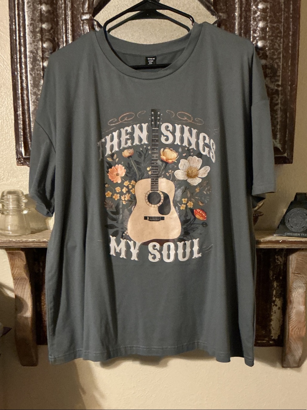 SHEIN Charcoal Graphic Tee with Beige Guitar & Floral Print
